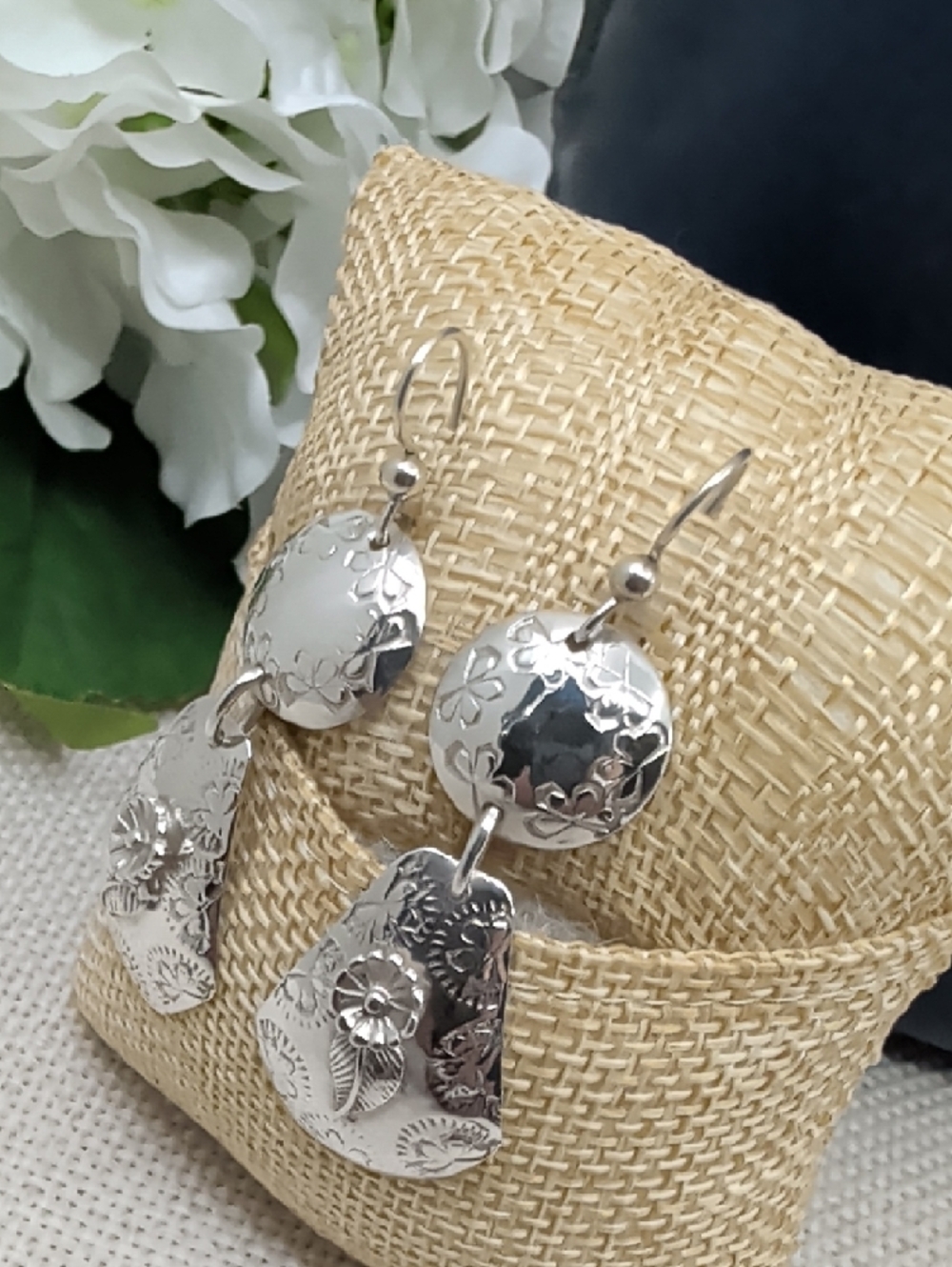 Sterling Silver 925 Floral Drop Earrings Florida Keys Artisan BJH Vintage 1990s - Picture 8 of 17